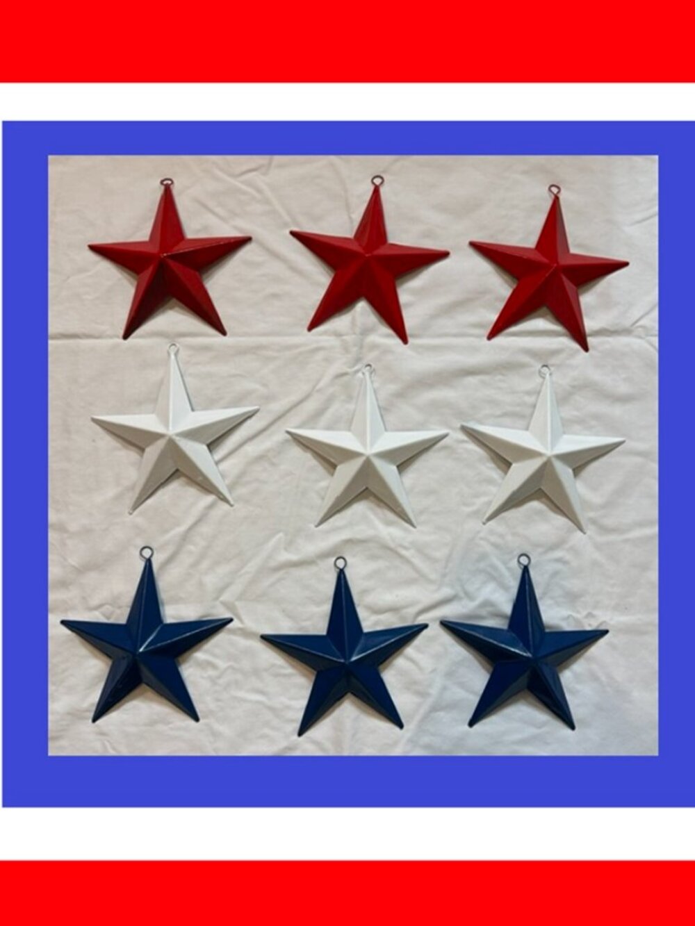 Set of Nine (9) 3 Red 3 White 3 Blue Painted Tin Stars 6 3/4" wide & tall 16006B